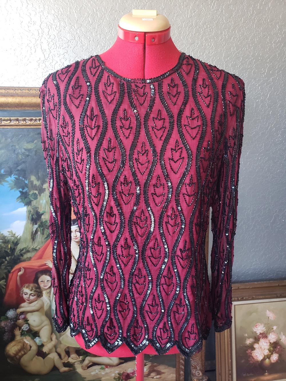 Stenay Rose Red Long Sleeve Beaded Sequin Top with Black Accents